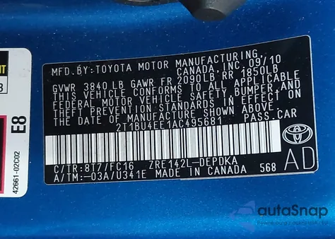 2010 Toyota Corolla S/Le/Xle из США, поврежденный, VIN 2T1BU4EE1AC495681